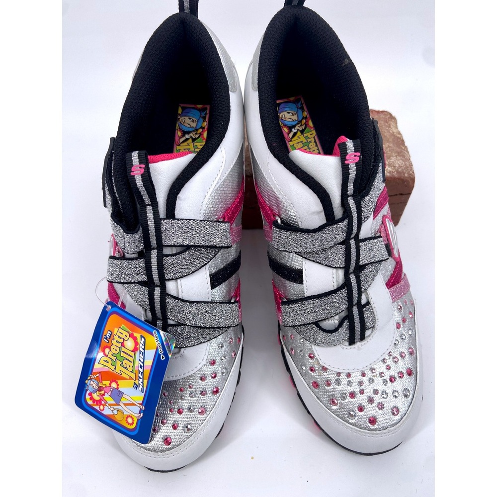 Skechers Pretty Tall Y2K Rhinestone Glitter Sneakers White Silver Pink NWT-RARE